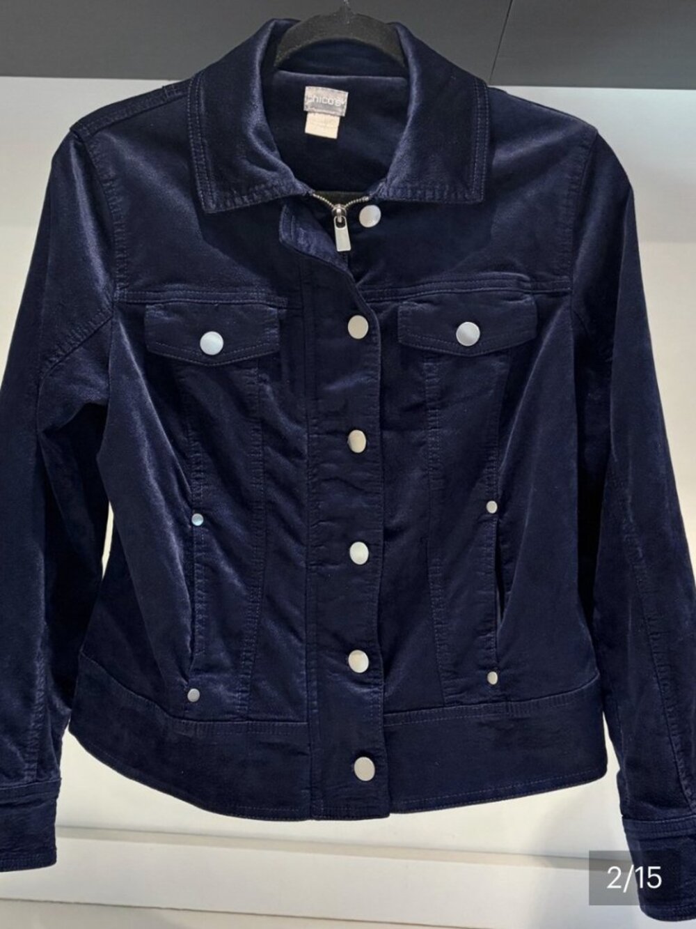 Chico's Vintage Navy Blue Velveteen Denim-Style Moto Jacket Y2K size 2P US 12 L